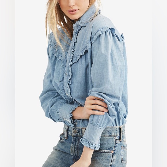 POLO RALPH LAUREN Ruffle-Trim Denim Cotton Shirt Size M - Picture 2 of 11